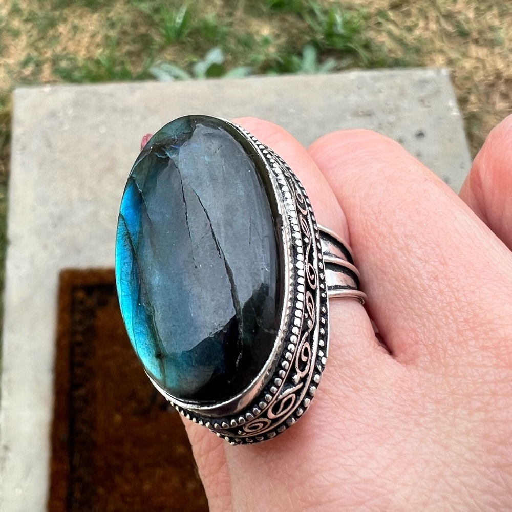 Large Blue Labradorite Statement Ring In Stamped … - image 3
